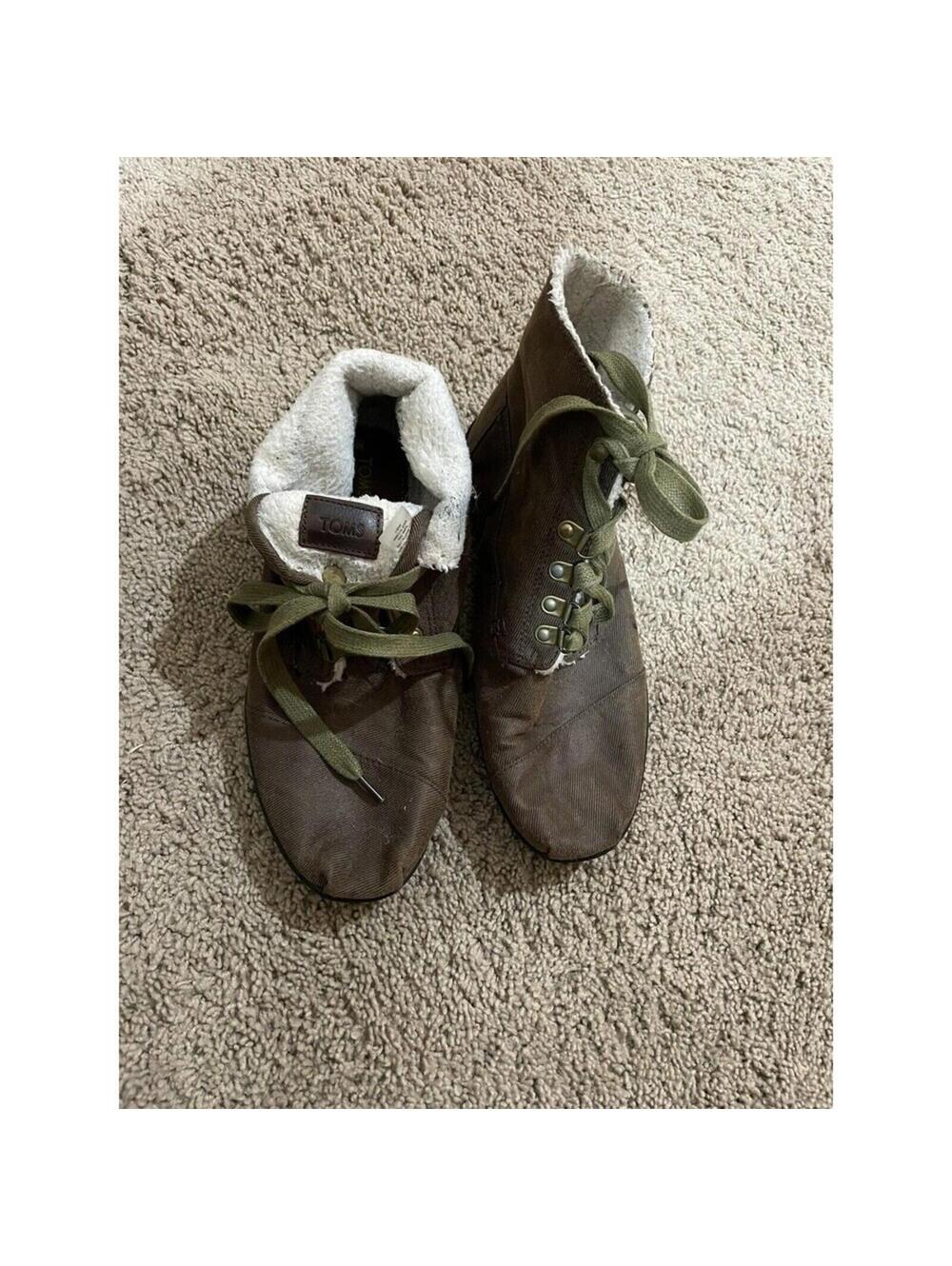 TOMS Boots Women's 9.5 Booties Brown Canvas Faux Fur Lace Up Mid Calf Casual